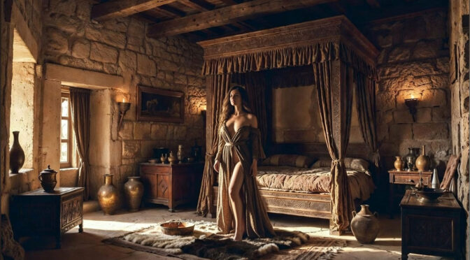 The bedchamber of the Lydian king Candaules, 8th century BC. The king's bodyguard hides in a corner of the king's bedchamber to watch the queen undressing for bed.
