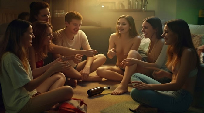 A group in their early twenties is sitting on the living room floor, playing “spin the bottle.”