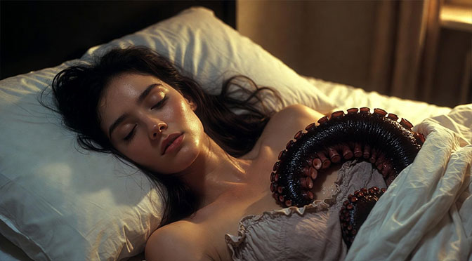 eine Frau Mitte 20 liegt in ihrem Bett. ein dunkles, feucht glänzendes Tentakel schiebt sich unter ihr Nachthemd