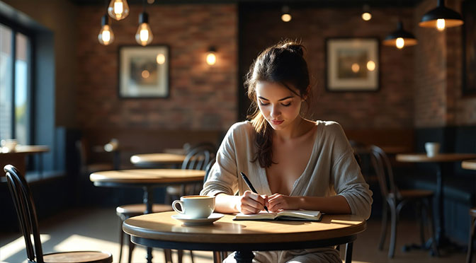Eine junge Frau sitzt in einem gemütlichen Café an einem runden Bistrotisch, vor sich eine Tasse Kaffee und ein kleines schwarzes Notizbuch, in das sie konzentriert schreibt