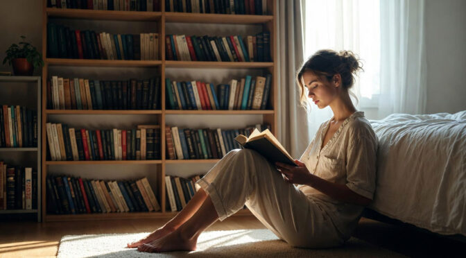 Eine 20-jährige Frau sitzt barfuß auf dem Teppich ihres Zimmers vor einem großen Bücherregal und liest ein Buch. Sie trägt noch ihren Pyjama.